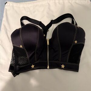 Honey Birdette Bra worn 34 DD/E dark Navy Gold hardware, zipper closure front.